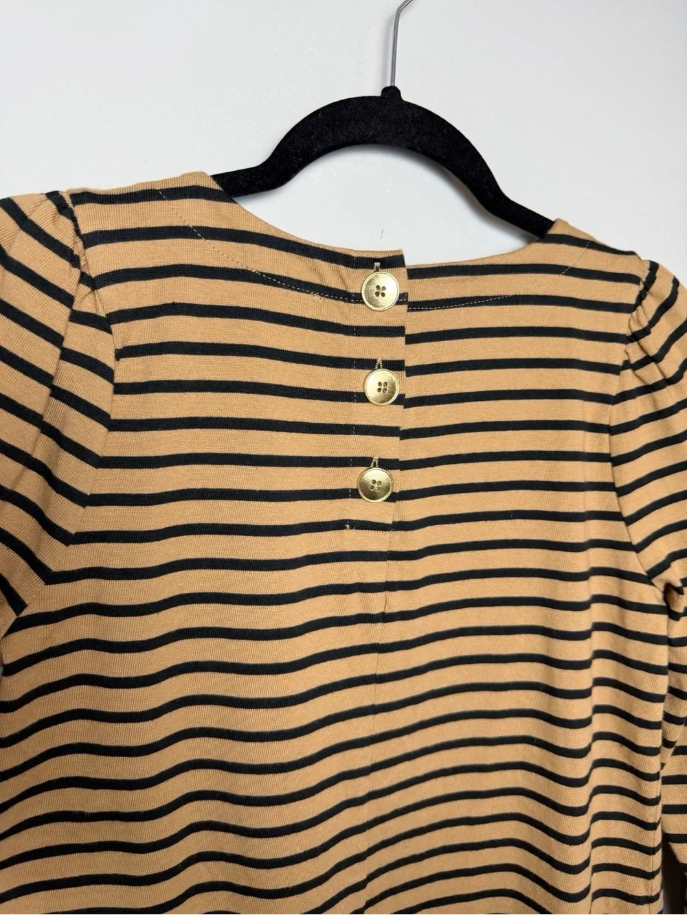 J. Crew Camel/Black Stripe Puff Sleeve Button Back Top